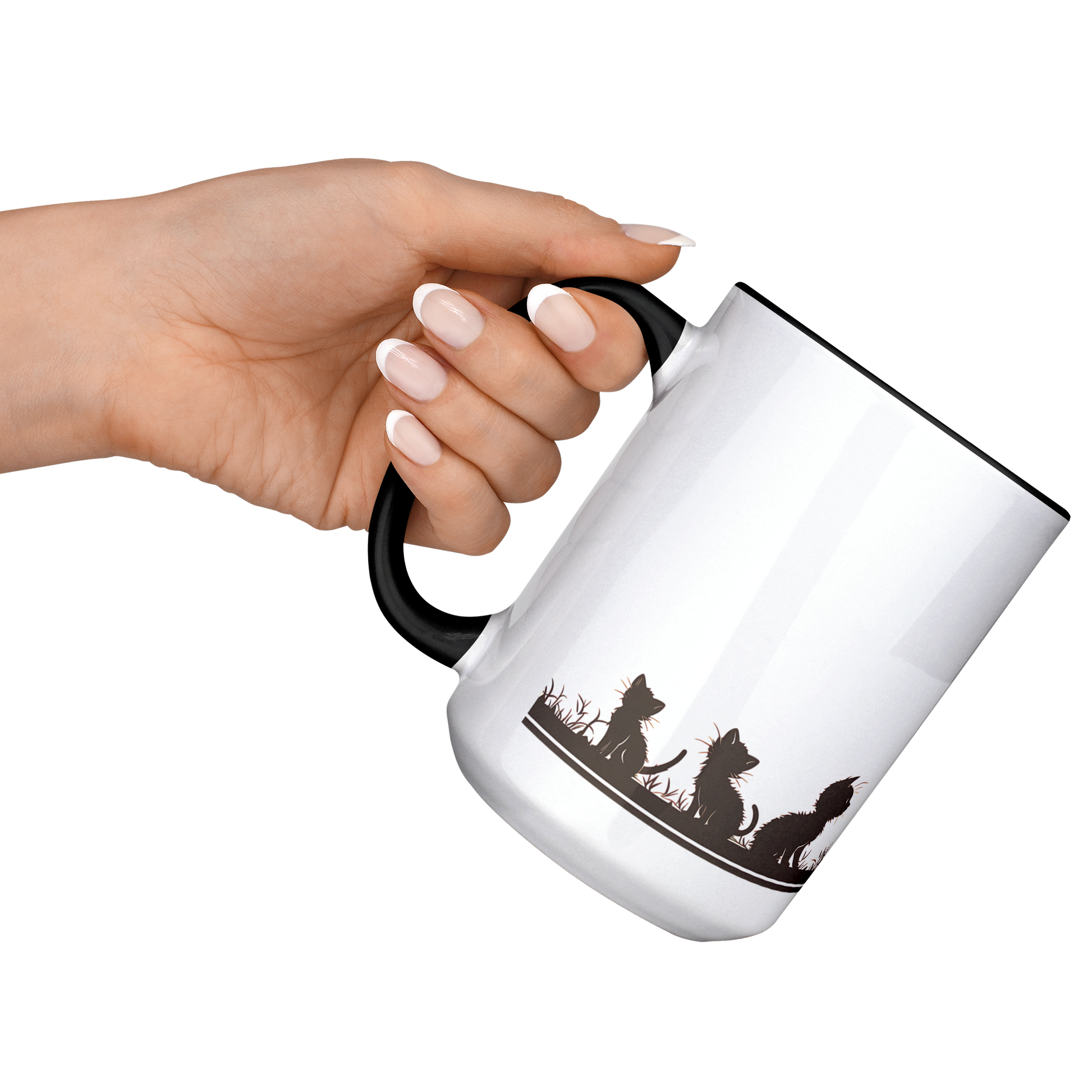 Stylish white ceramic mug with black handle and interior, featuring a wraparound black silhouette design of a papa cat sitting serenely with four playful kittens in a grassy meadow. A butterfly hovers gently above, adding a whimsical charm to the heartwarming scene. The artwork spans the full circumference of the mug, making it visually engaging from all angles. Perfect gift for cat dads, feline lovers, and anyone who appreciates cozy, artistic, pet-themed drinkware. Durable and dishwasher-safe.