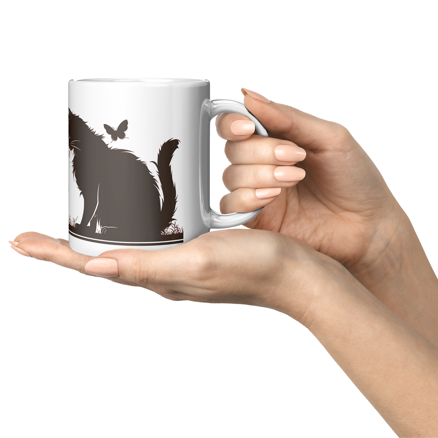 Charming white ceramic coffee mug featuring a heartwarming black silhouette design of a proud Papa cat watching over four playful kittens in a grassy setting. A butterfly flutters above, adding a whimsical touch to the peaceful scene. The wraparound artwork is beautifully printed across the surface, making it a perfect gift for cat Dad, feline lovers, or anyone who enjoys cozy mornings with a touch of pet-inspired charm. Durable, high-quality mug ideal for daily use or gifting.