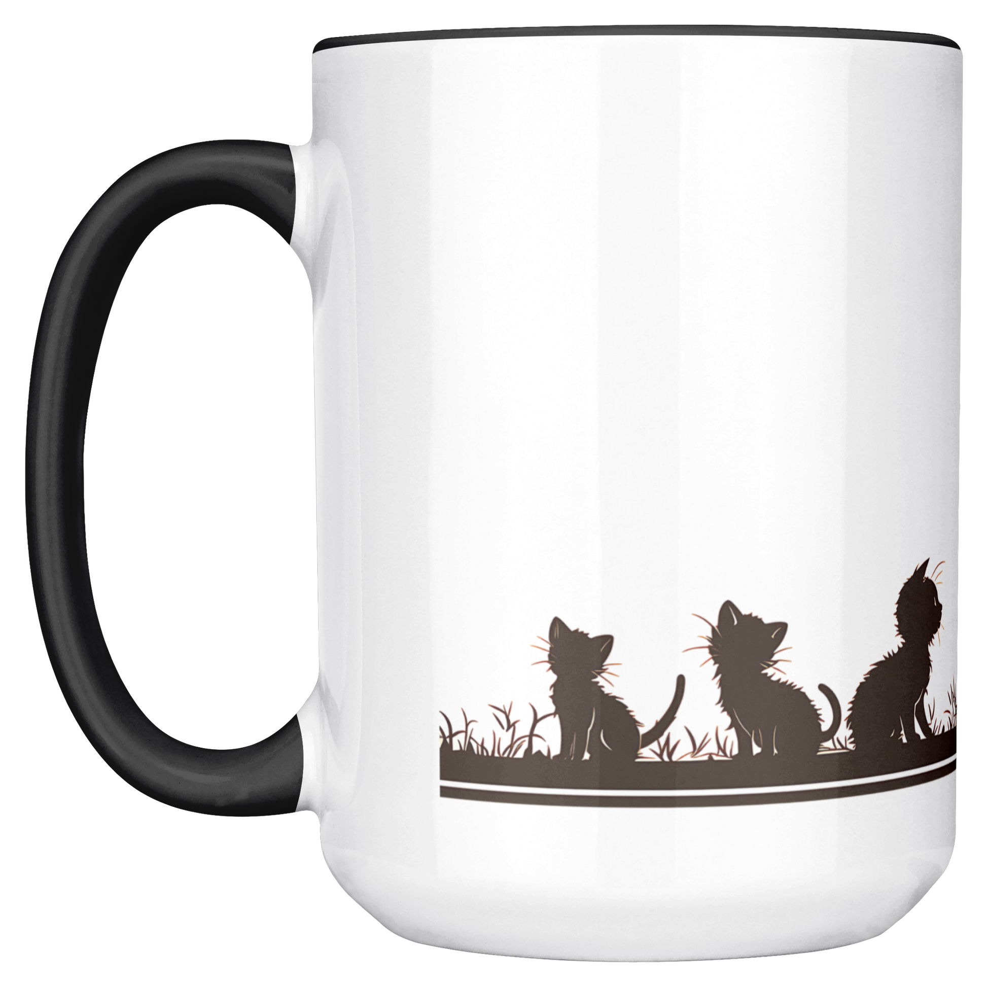 Stylish white ceramic mug with black handle and interior, featuring a wraparound black silhouette design of a papa cat sitting serenely with four playful kittens in a grassy meadow. A butterfly hovers gently above, adding a whimsical charm to the heartwarming scene. The artwork spans the full circumference of the mug, making it visually engaging from all angles. Perfect gift for cat dads, feline lovers, and anyone who appreciates cozy, artistic, pet-themed drinkware. Durable and dishwasher-safe.