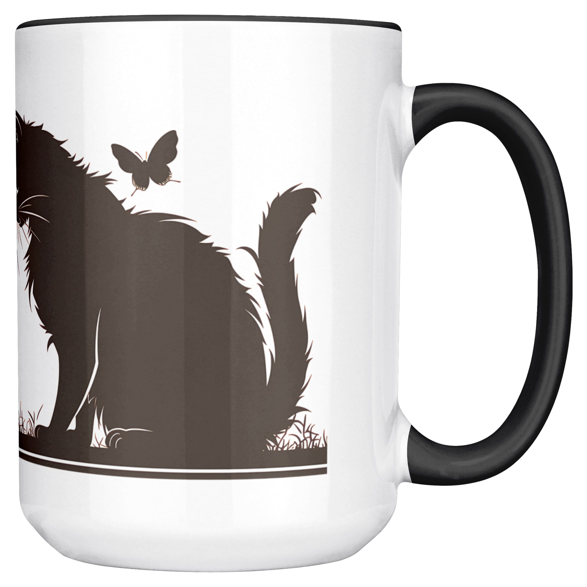 Stylish white ceramic mug with black handle and interior, featuring a wraparound black silhouette design of a papa cat sitting serenely with four playful kittens in a grassy meadow. A butterfly hovers gently above, adding a whimsical charm to the heartwarming scene. The artwork spans the full circumference of the mug, making it visually engaging from all angles. Perfect gift for cat dads, feline lovers, and anyone who appreciates cozy, artistic, pet-themed drinkware. Durable and dishwasher-safe.