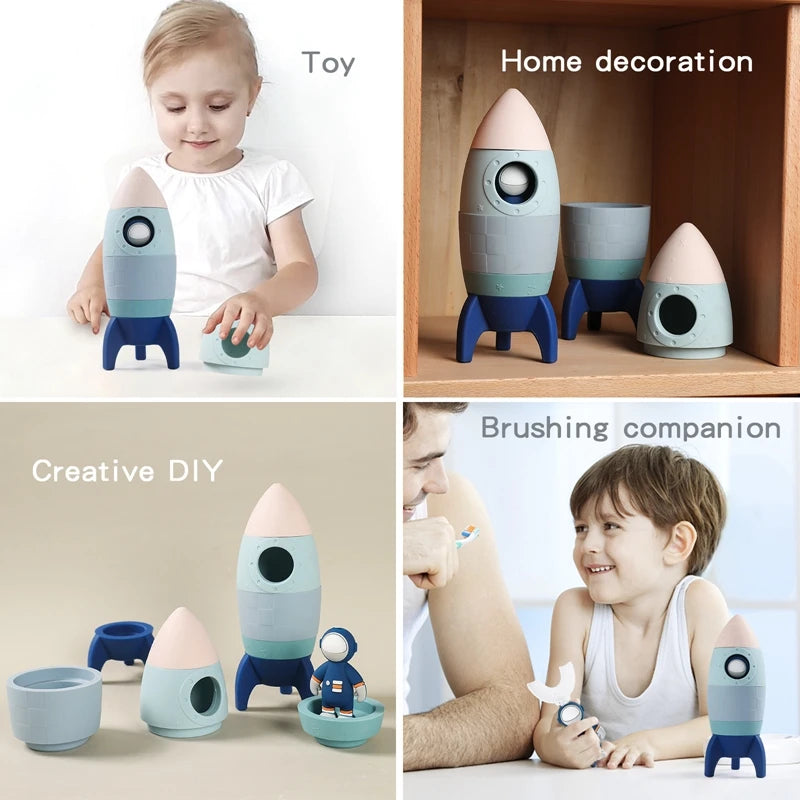 this has 4 images showing how this rocket can be used multiple ways. As a toy, home decoration, creative play and a toothbrushing companion