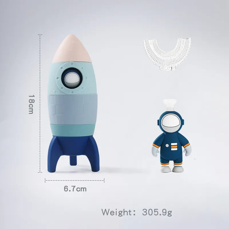 this image shows what is in the package including a mouth shaped toothbrush, an astronaut and the silicone rocket measuring 18 cm x 6.7 cm