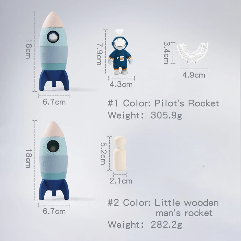 this shows images of the rocket as previously described with dimensions, the astronaut at 7.9 cm x 4.3 cm , the toothbrush at 3.4 cm x 4.9 cm