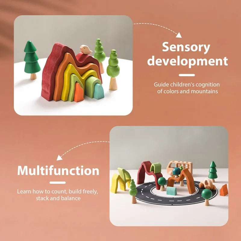 These two images show how this toy helps with sensory development and is multifunctional. Children can learn to stack, count and balance and also use it with imaginative play