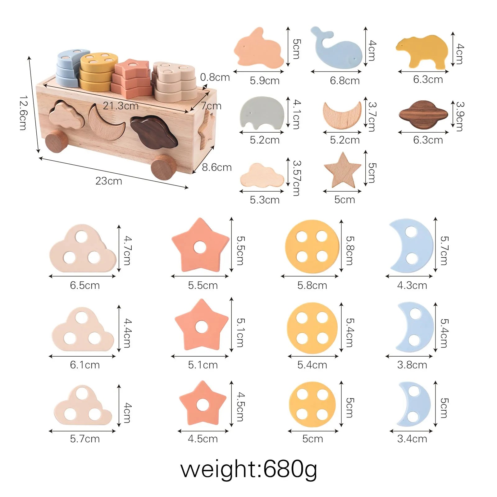this image shows each individual piece and the sizes of them all. They range from 4-6 cm in size and the cart is 12.6cm x 23cm x 8.6cm 