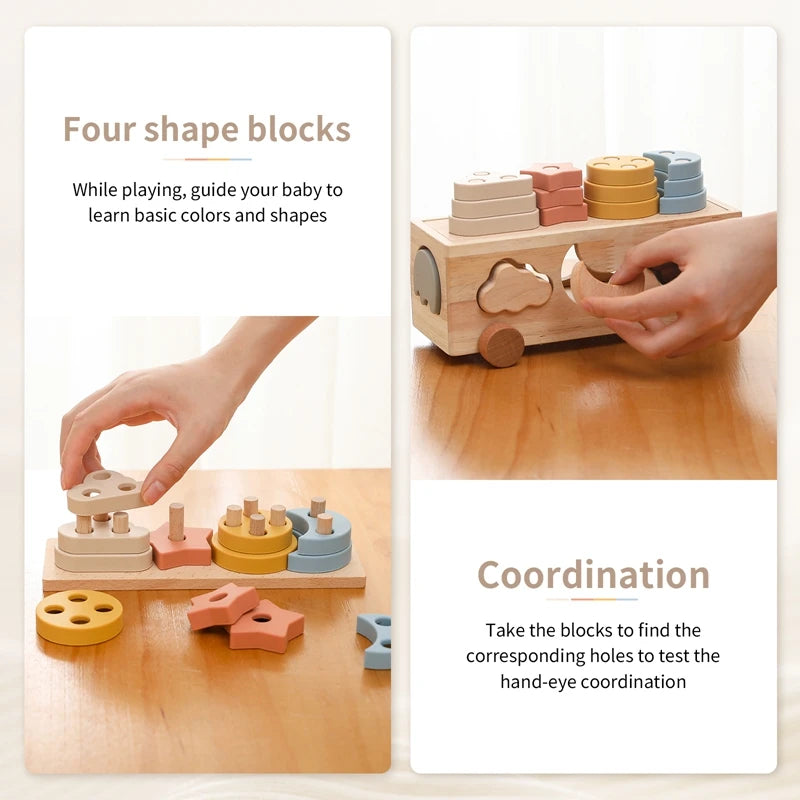these images show the 4 shapes of blocks that fit on the dowels on top of the car and the shapes that fit in the holes on the sides of the car. It describes learning colors and shapes and improving hand-eye coordination