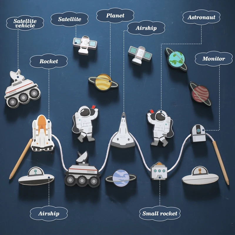 this photo shows the 16 piece set of space toys which includes planets, rockets, rovers, spaceships, satellites and astronauts and also demonstrates the threading ability