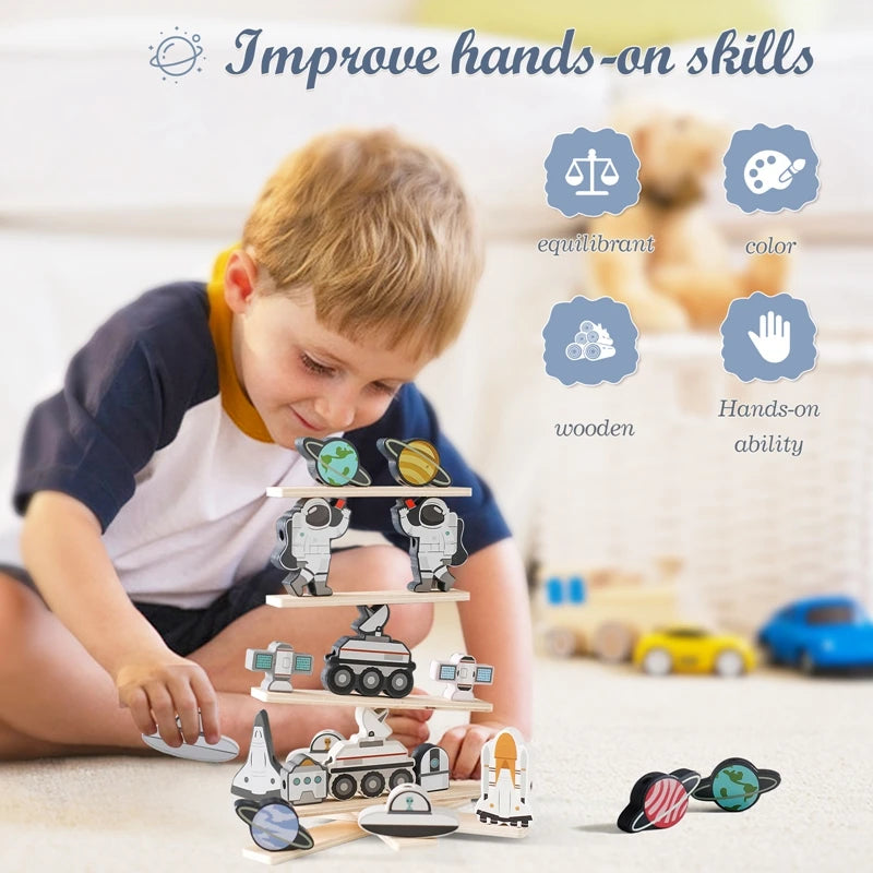 this photo shows a child playing with and stacking the space set and shows the developmental skills encouraged by this toy including balance, color recognition and fine motor skills