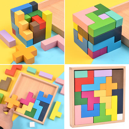 4 photos showing multicolor puzzle with chunky pieces with all right angles that can be laid flat in a frame or assembled into a cube