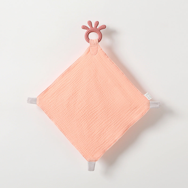 peach teething towel with rose teething ring