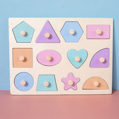 12 piece multicolor, rectangular board with cutouts for various shapes of different colors with handles as mentioned in previous photos
