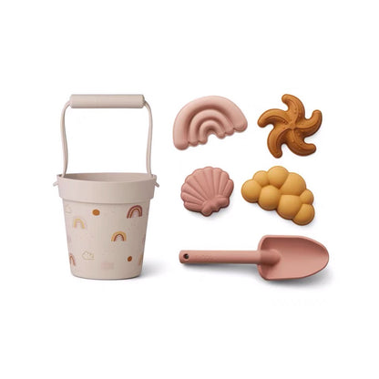 silicone pail, pink shovel and 4 different silicone shell molds
