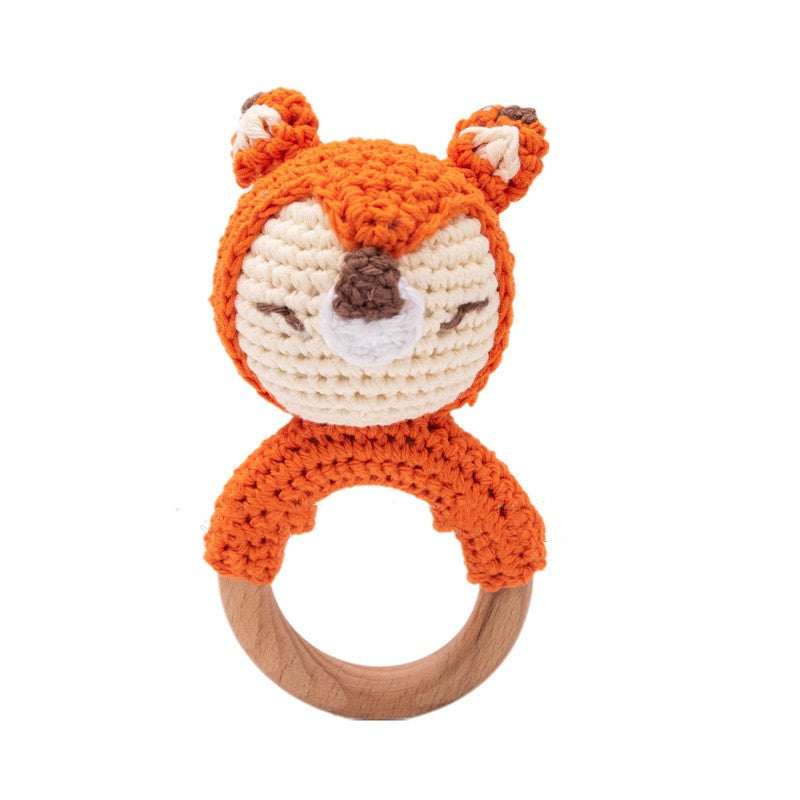 Fox crochet teething ring with natural wood handle