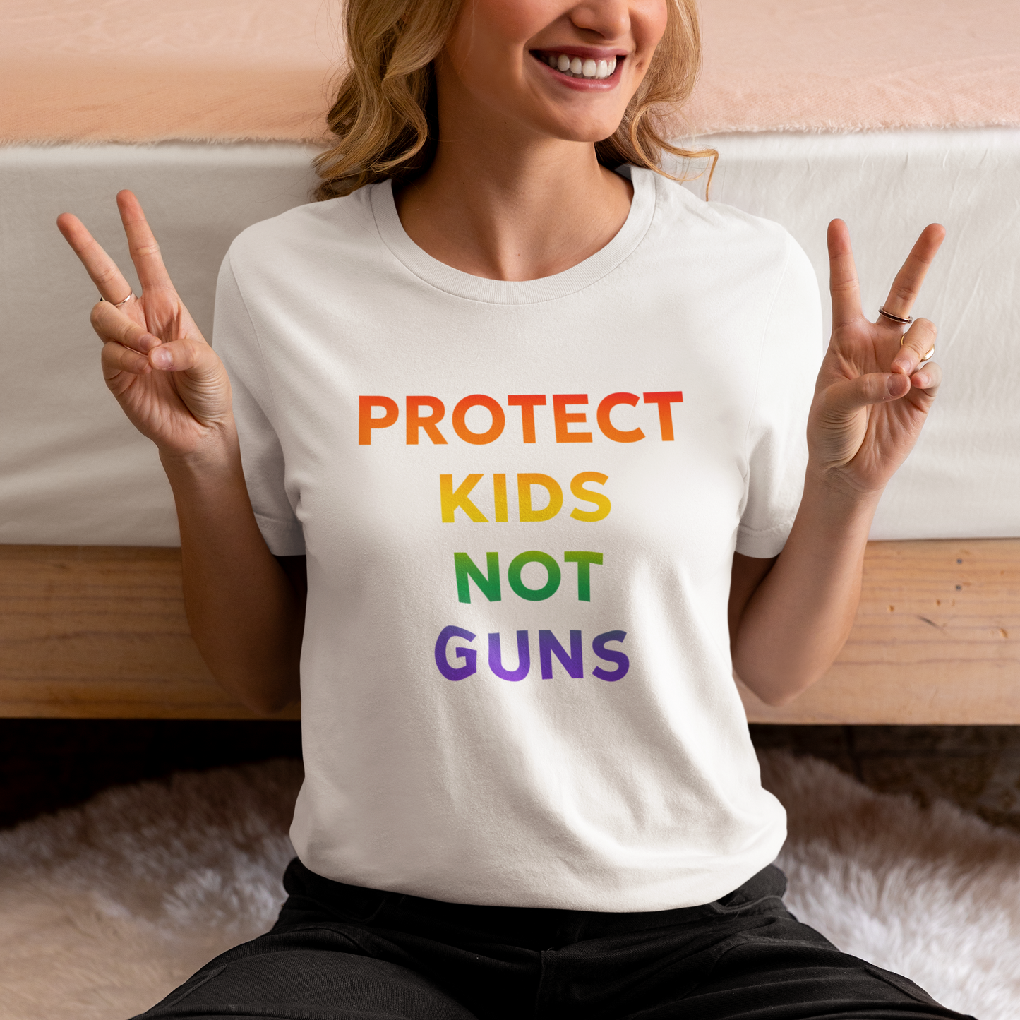 Rainbow Ombre Cotton T-Shirt - 'Protect Kids Not Guns' Graphic Tee to Advocate for Gun Reforms
