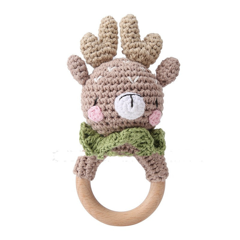 Elk crochet teething ring with natural wood handle