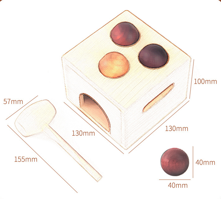 dimensions of the mallet 57mm x 155mm. dimensions of the box 130mm x 130mm x 100mm. dimensions of the balls 40mm x 40mm