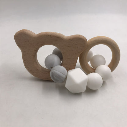 natural wood bear teether with gray/white beads
