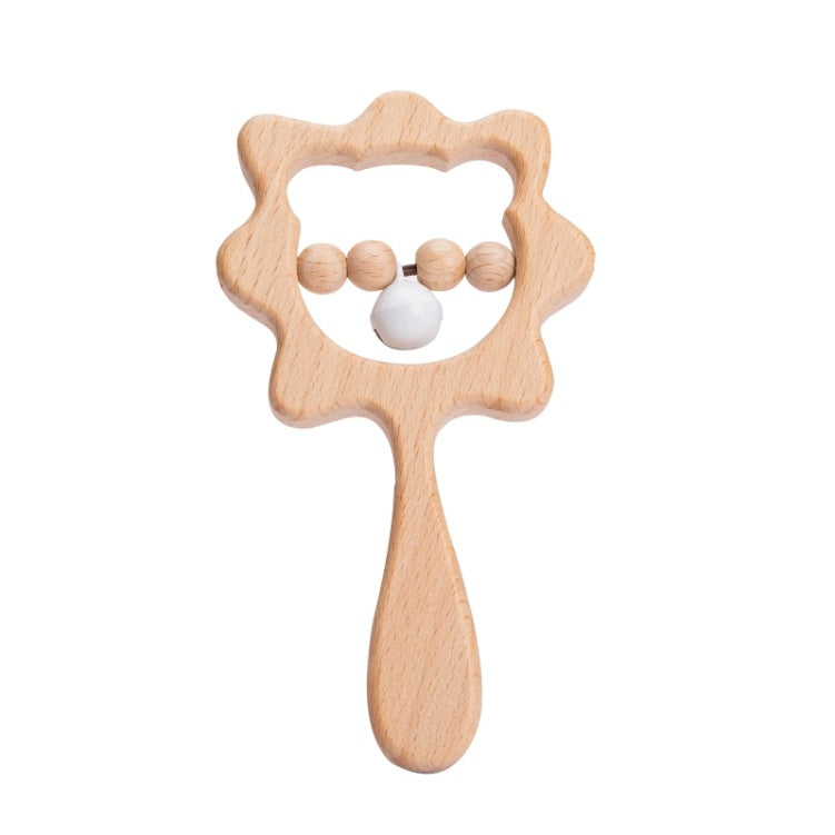 Lion natural wood rattle with long handle and white bell attached