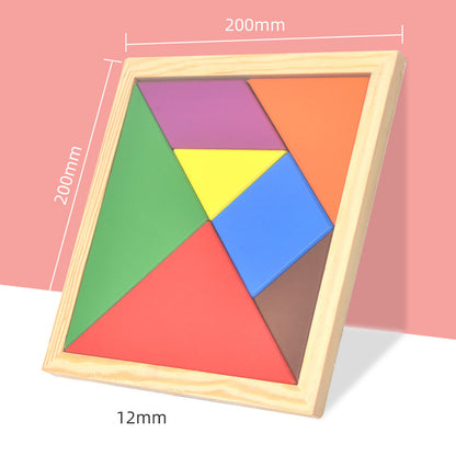 7 piece puzzle mostly composed of triangles configured in a square with dimensions of 200mm x 200mm.