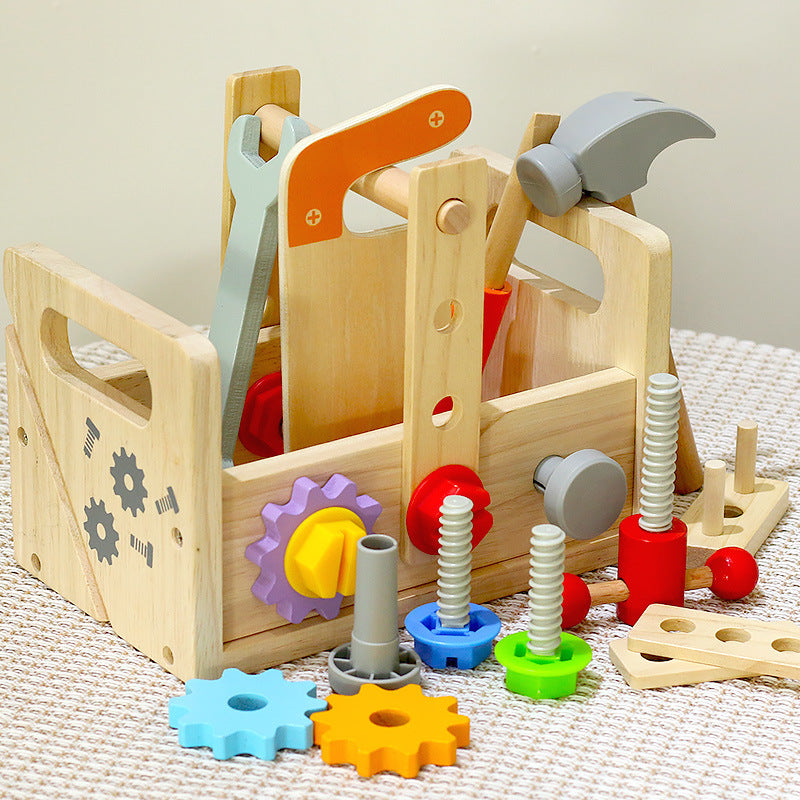 children's tool box with gears, screws, nuts, wrench and hammer