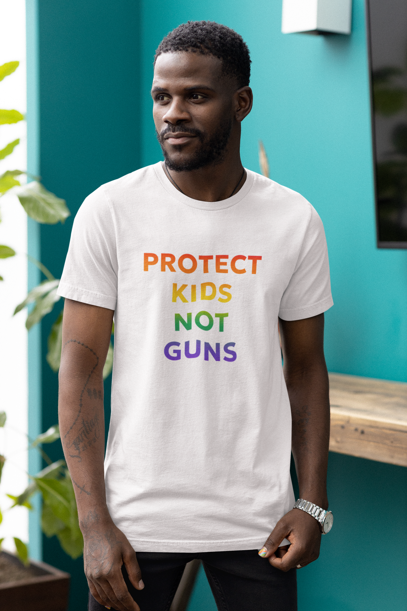 Rainbow Ombre Cotton T-Shirt - 'Protect Kids Not Guns' Graphic Tee to Advocate for Gun Reforms