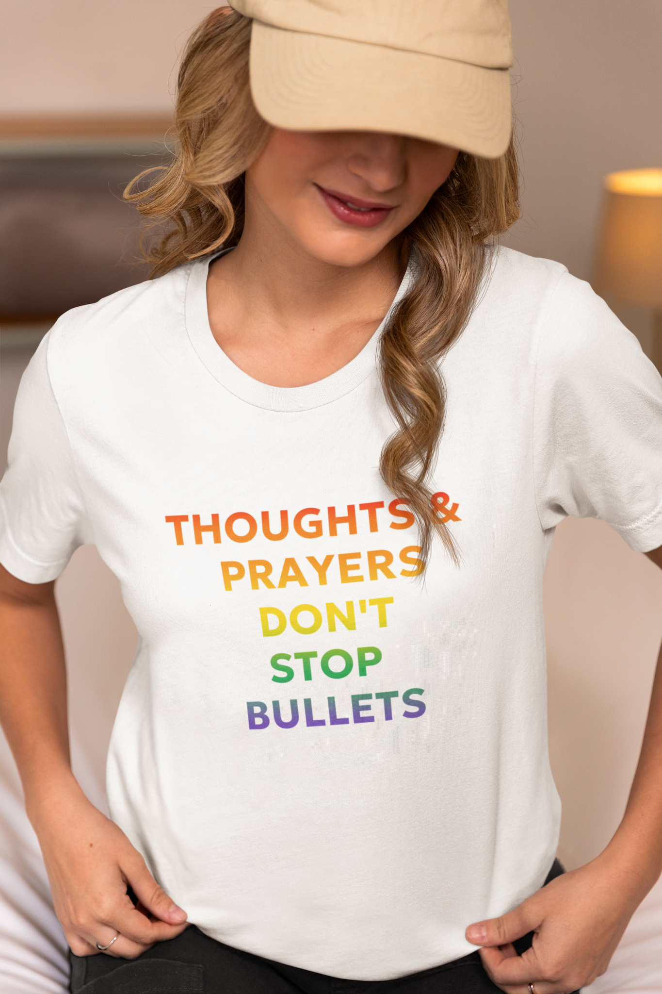 Rainbow Ombre Cotton Tee - 'Thoughts & Prayers Don't Stop Bullets" Bold Print - High Quality T-Shirt for Gun Reform Support