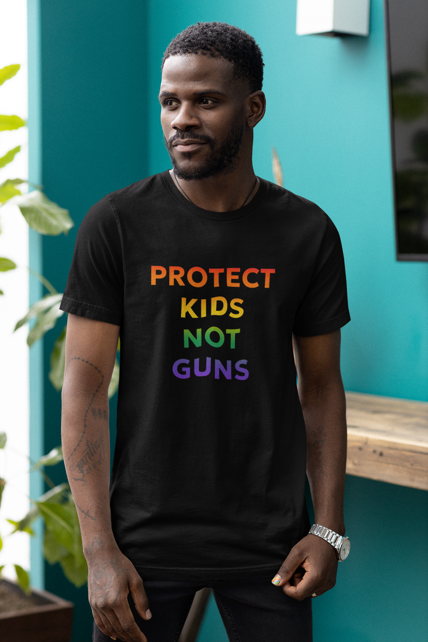Rainbow Ombre Cotton T-Shirt - 'Protect Kids Not Guns' Graphic Tee to Advocate for Gun Reforms