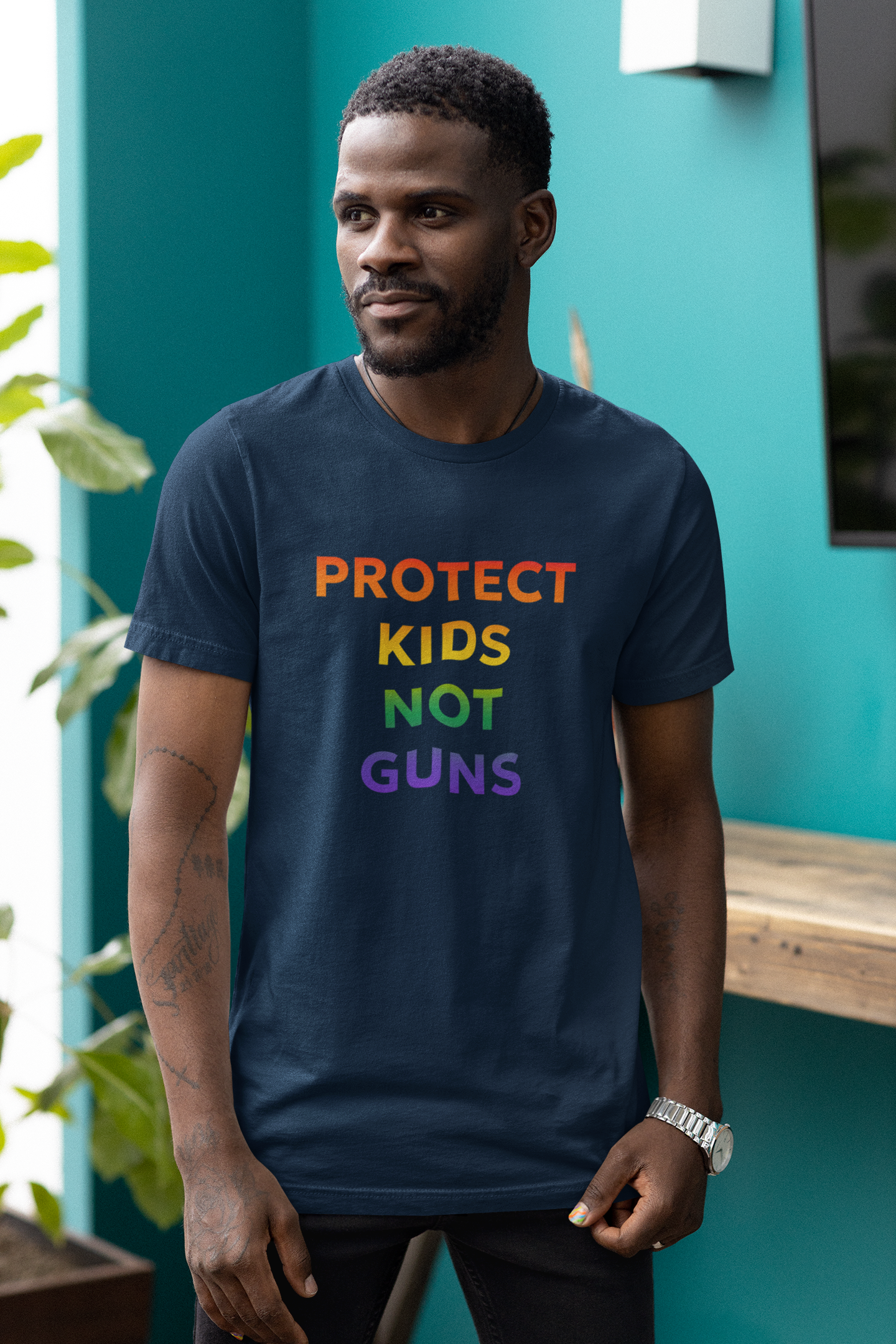Rainbow Ombre Cotton T-Shirt - 'Protect Kids Not Guns' Graphic Tee to Advocate for Gun Reforms